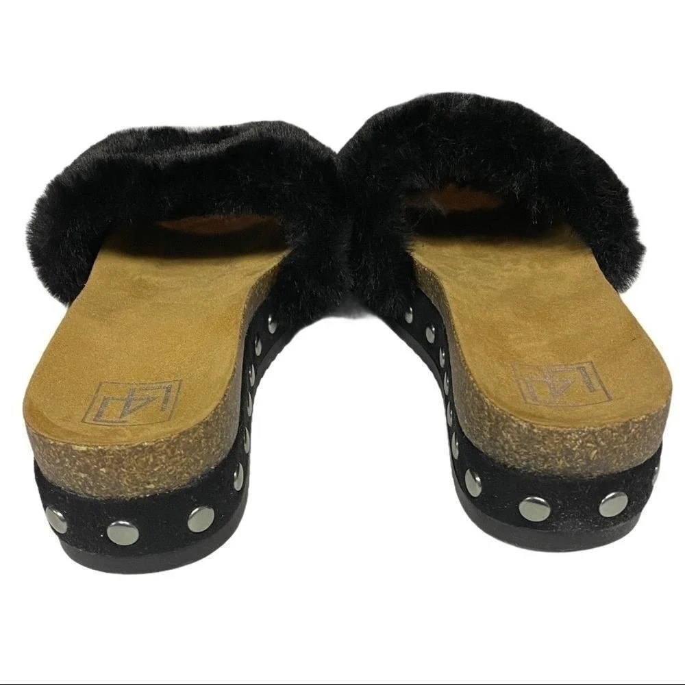 L4l By Lust For Life Sandals 10M Black Faux Fur Studded Wedge Platform Mule Chic